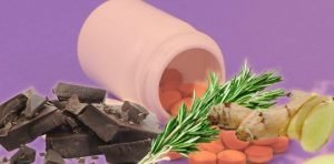 A white pill bottle with generic ibuprofen pain pills on a blue background.