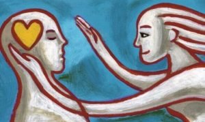 Mujer acercandose a hombre con corazon en la cabeza