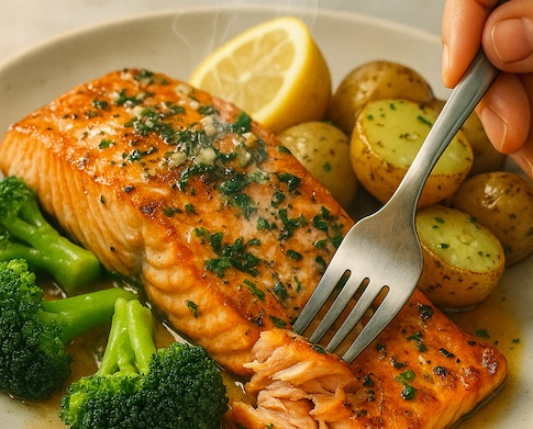 Salmón con Mantequilla de Limón, Papas Crujientes y Brócoli: Una Receta Saludable y Deliciosa
