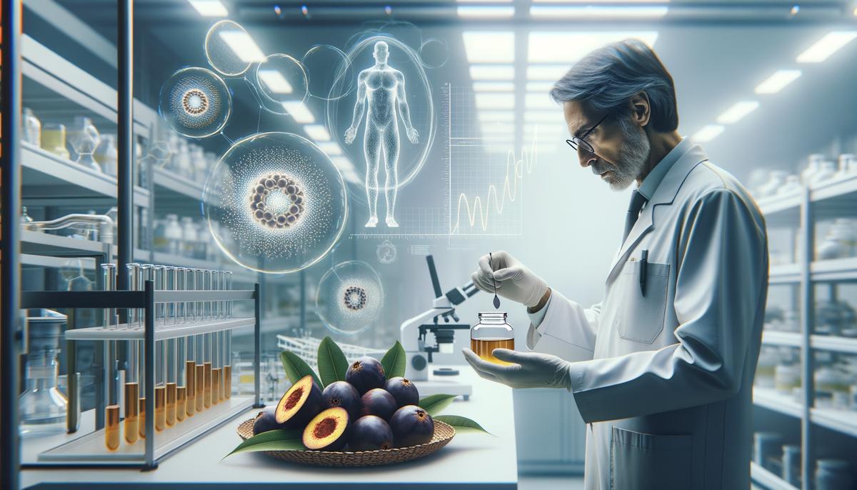 A scientist examining açaí seed extract in a laboratory setting with graphs showing metabolic improvements