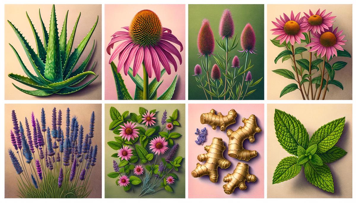A collage of various medicinal plants including aloe vera, echinacea, ginseng, turmeric, lavender, ginger, and peppermint